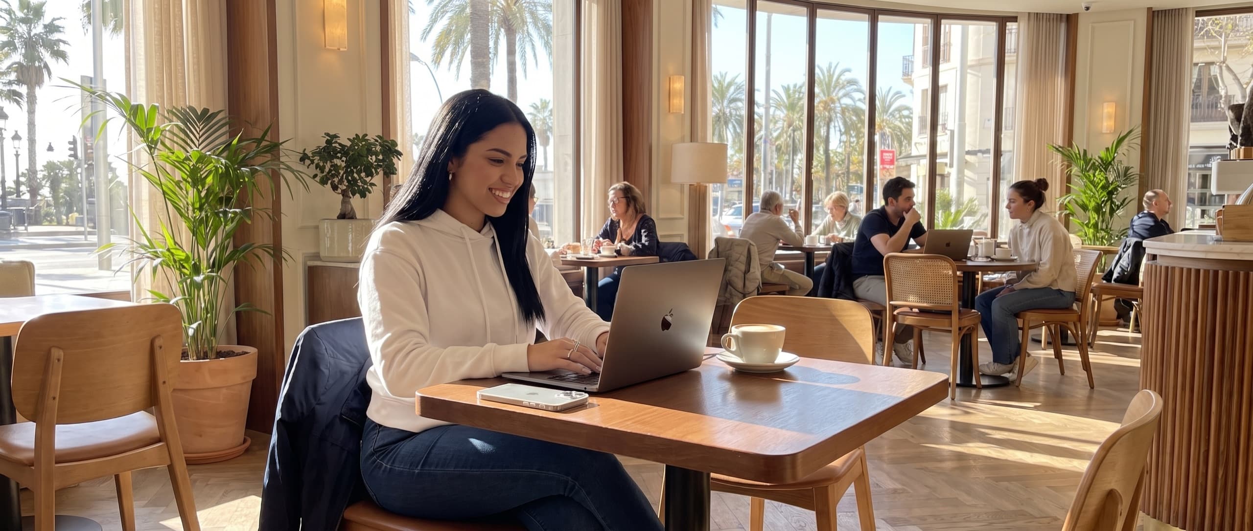 Personas trabajando en un café luminoso